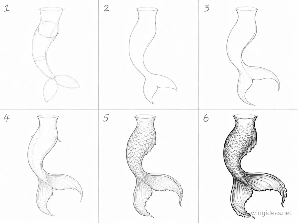 How to draw a mermaid tail step by step — 6-step mermaid tail drawing tutorial grid