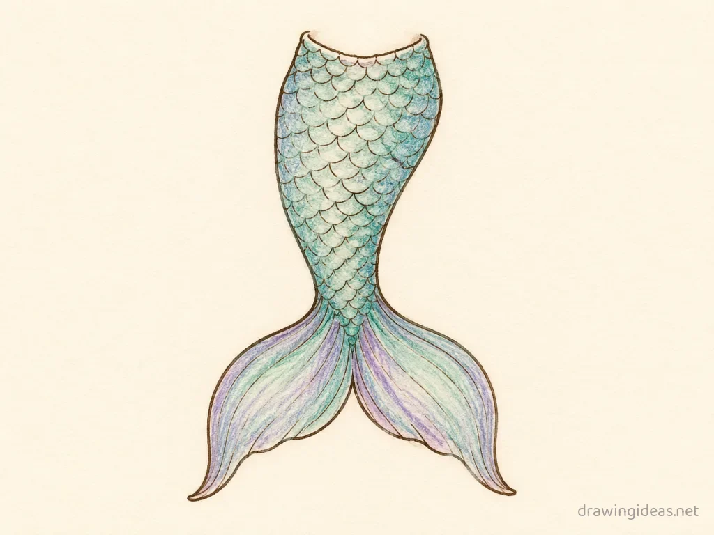 Mermaid Tail drawing — hand-drawn mermaid tail illustration with ink lines and soft colors