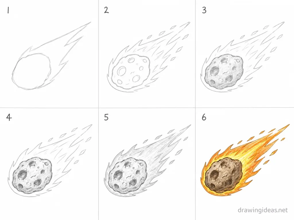 How to draw a meteor step by step — 6-step meteor drawing tutorial grid