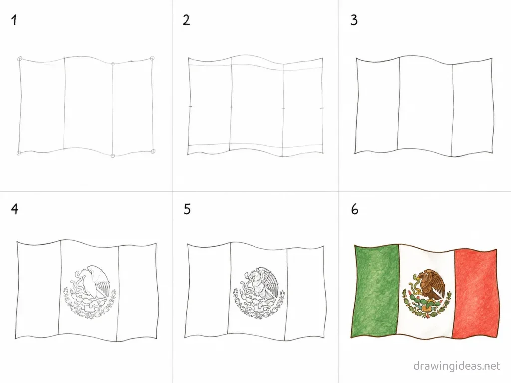 How to draw the Mexican Flag step by step — 6-step Mexican Flag drawing tutorial grid