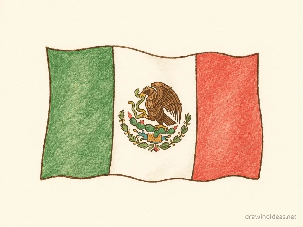 Mexican Flag drawing — hand-drawn Mexican Flag illustration with ink lines and soft colors