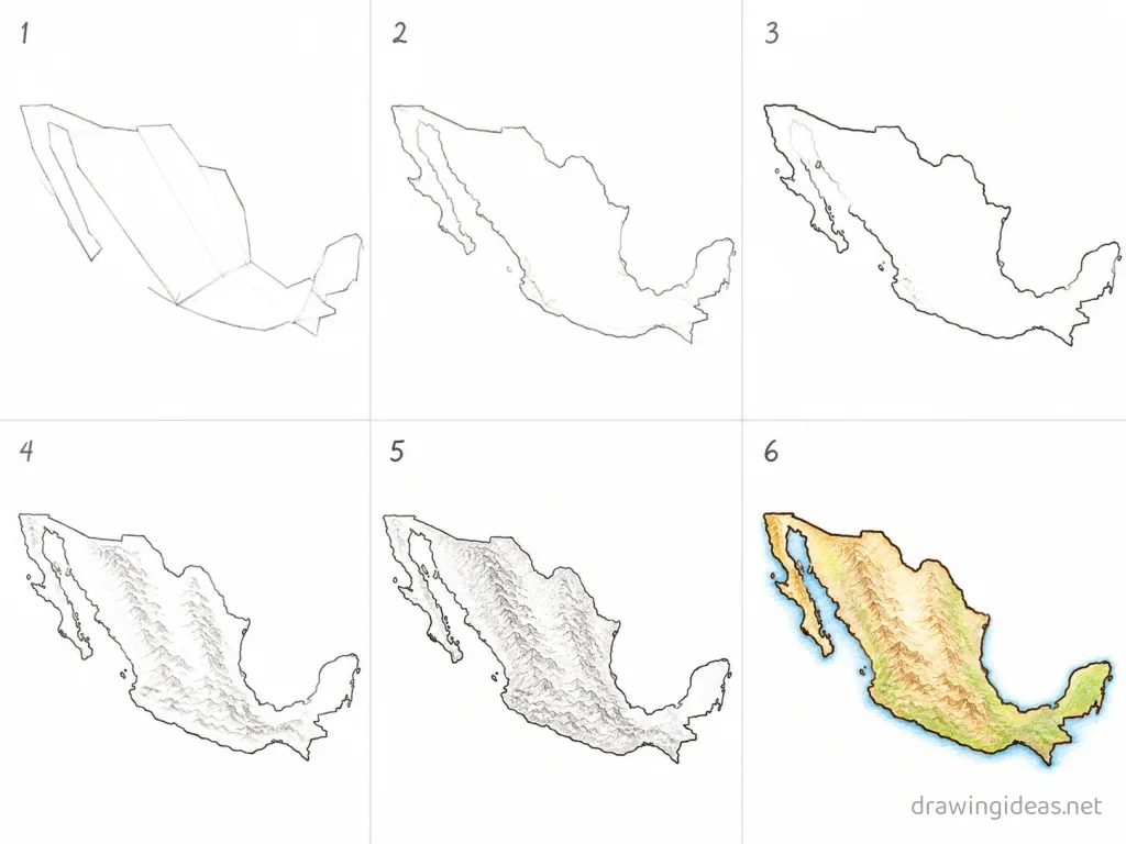 How to draw Mexico step by step — 6-step Mexico drawing tutorial grid