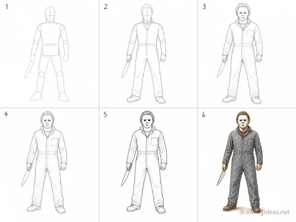 How to draw Michael Myers step by step — 6-step Michael Myers drawing tutorial grid