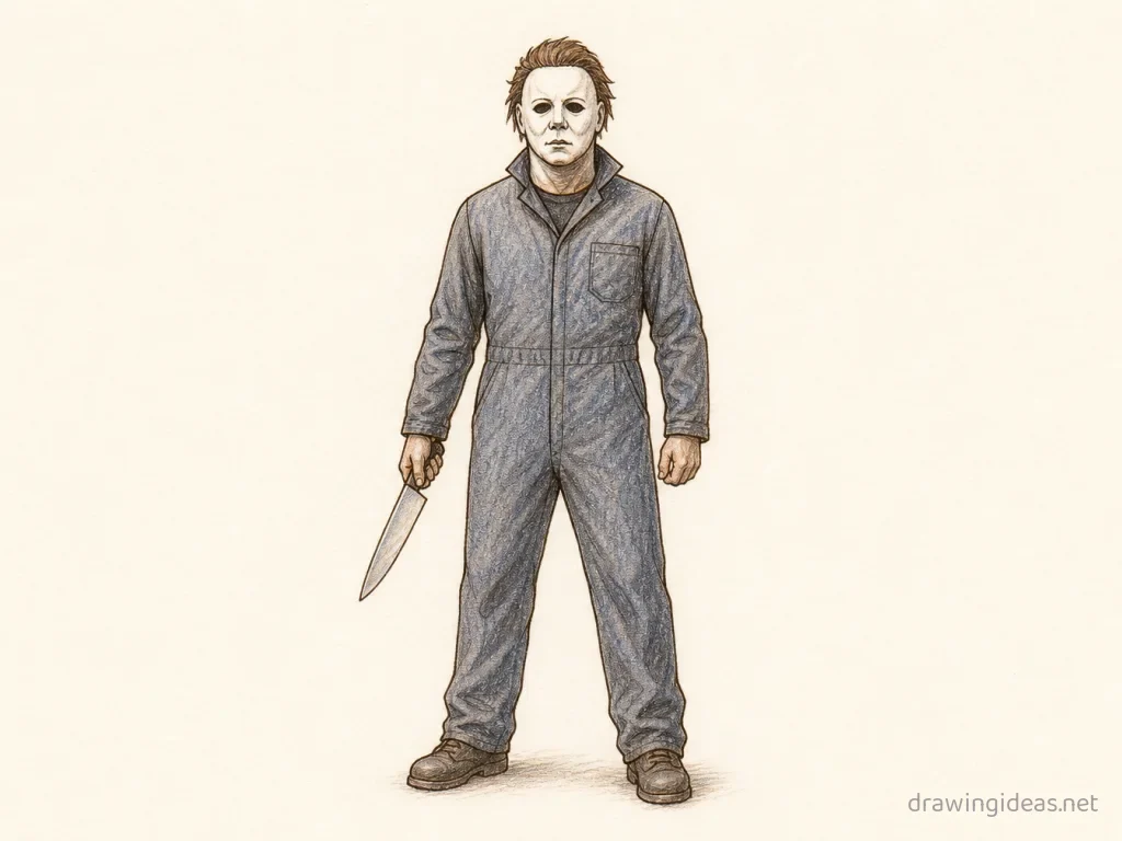Michael Myers drawing — hand-drawn Michael Myers illustration with ink lines and soft colors