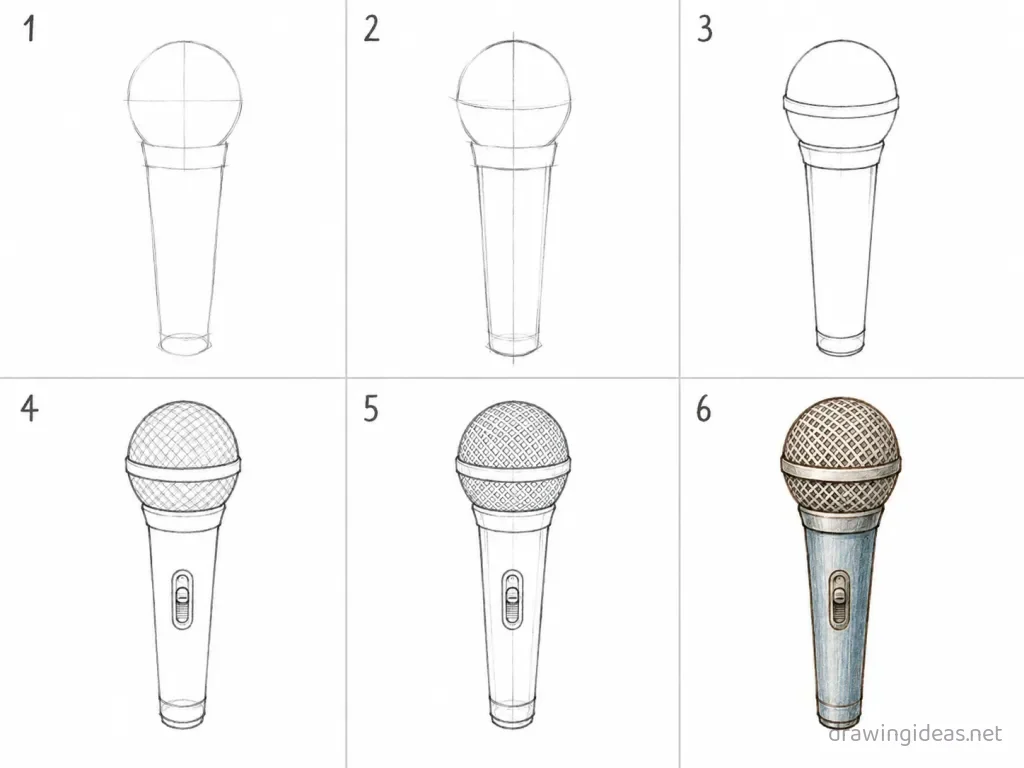 How to draw a microphone step by step — 6-step microphone drawing tutorial grid