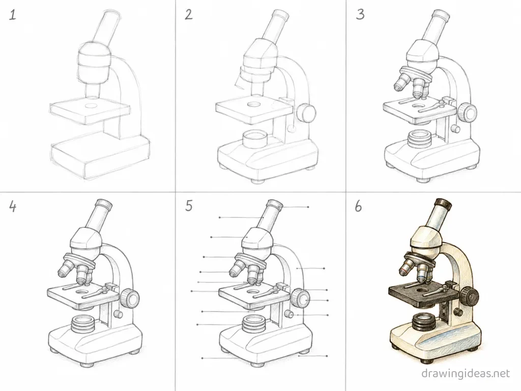 How to draw a microscope step by step — 6-step microscope drawing tutorial grid