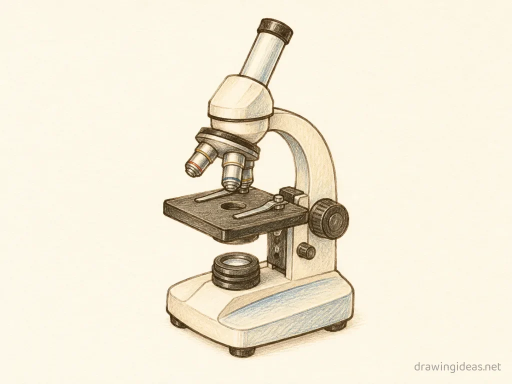 Microscope drawing — hand-drawn microscope illustration with ink lines and soft colors