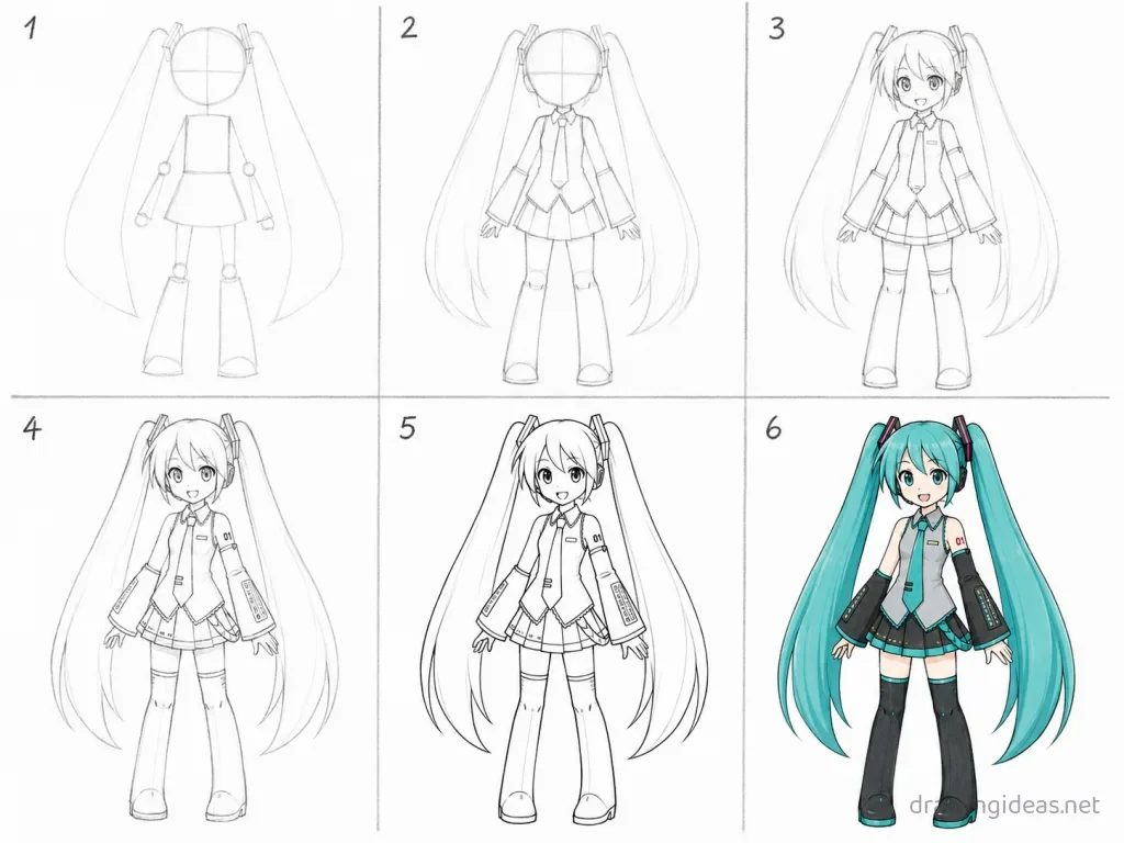 How to draw Miku step by step — 6-step Miku drawing tutorial grid