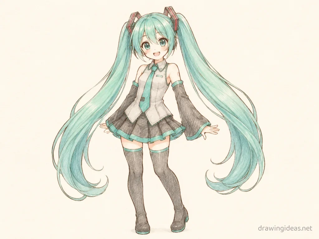 Miku drawing — hand-drawn Miku illustration with ink lines and soft colors