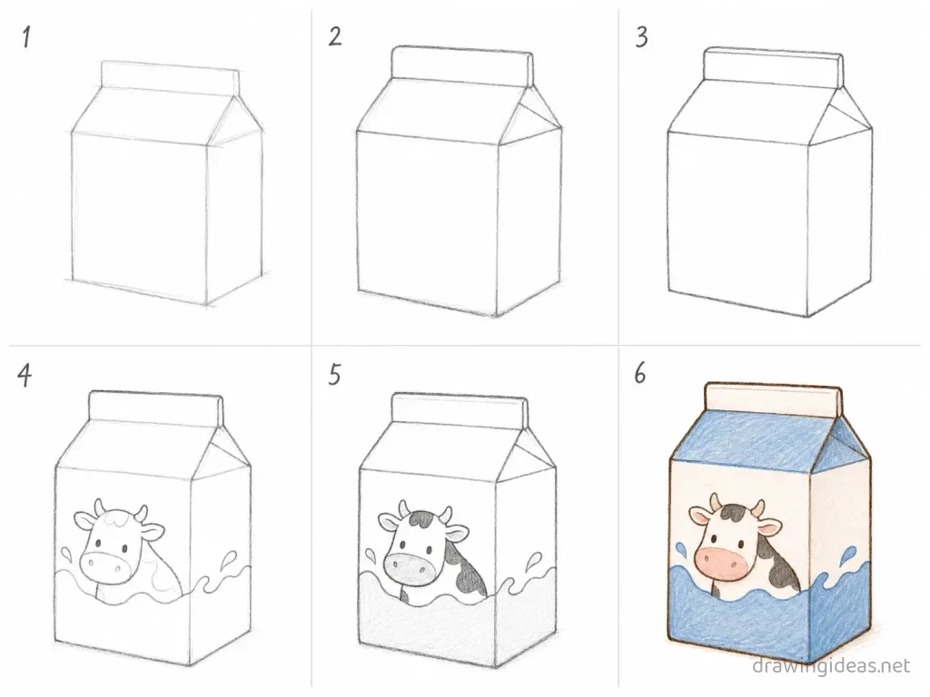 How to draw a milk carton step by step — 6-step milk carton drawing tutorial grid
