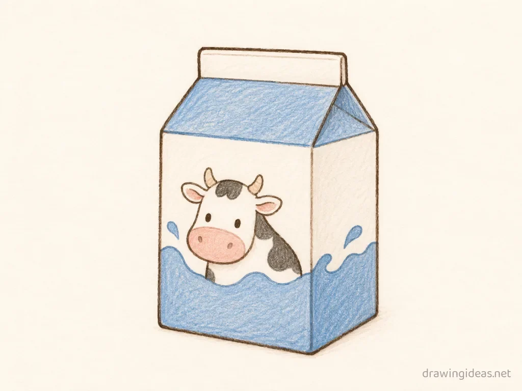 Milk Carton drawing — hand-drawn milk carton illustration with ink lines and soft colors