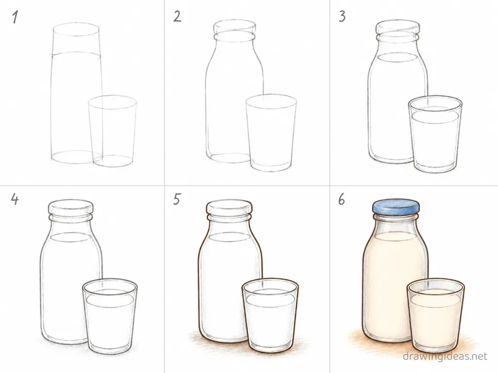 How to draw milk step by step — 6-step milk drawing tutorial grid