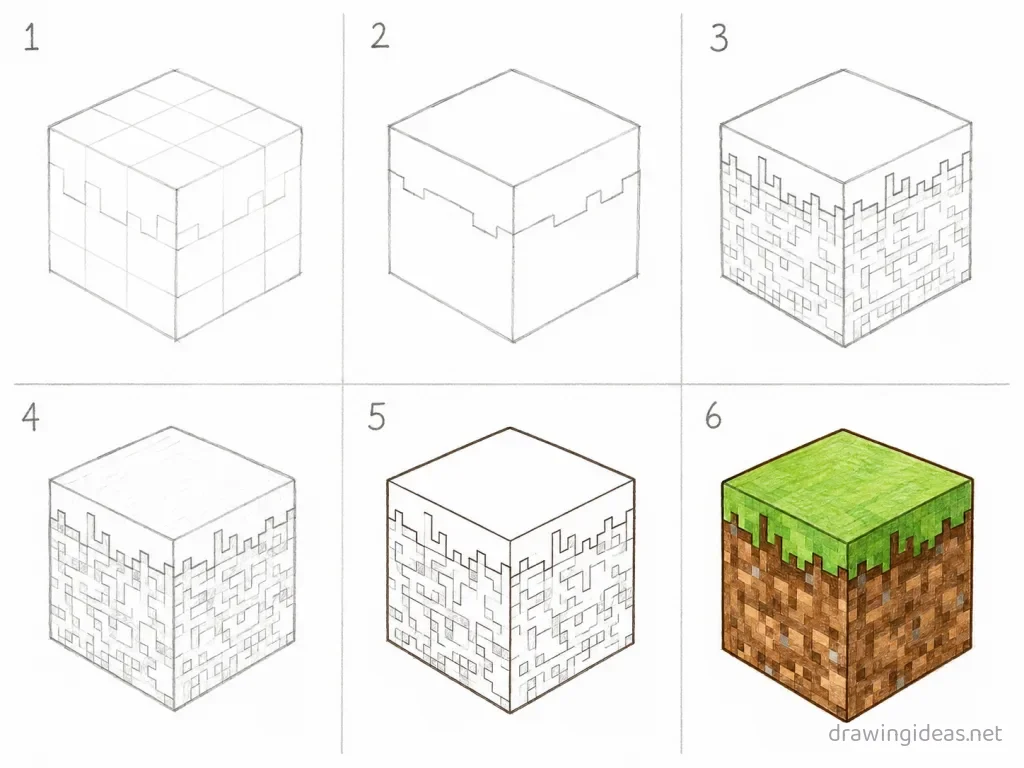 How to draw Minecraft step by step — 6-step Minecraft drawing tutorial grid