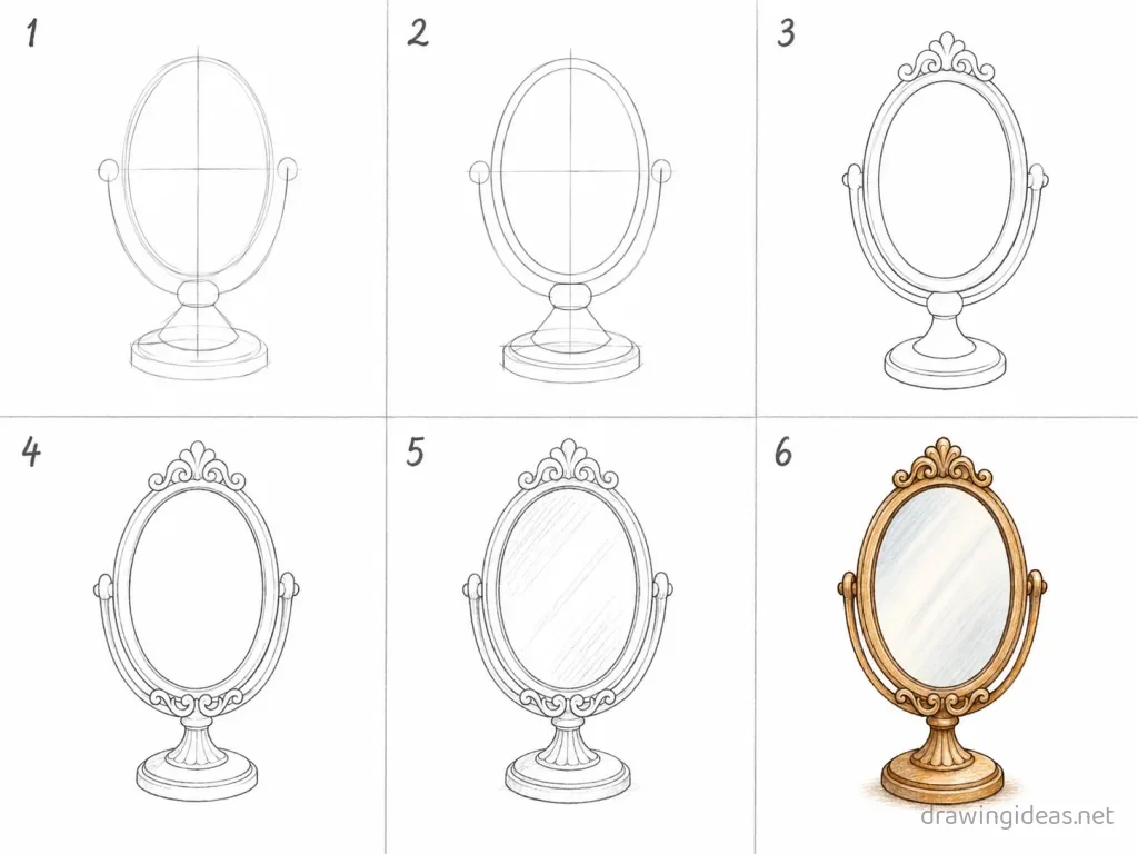 How to draw a mirror step by step — 6-step mirror drawing tutorial grid