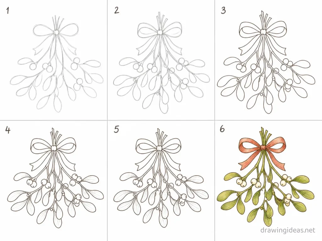 How to draw mistletoe step by step — 6-step mistletoe drawing tutorial grid