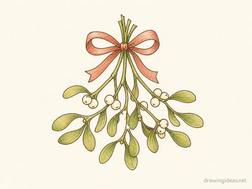 Mistletoe drawing — hand-drawn mistletoe illustration with ink lines and soft colors