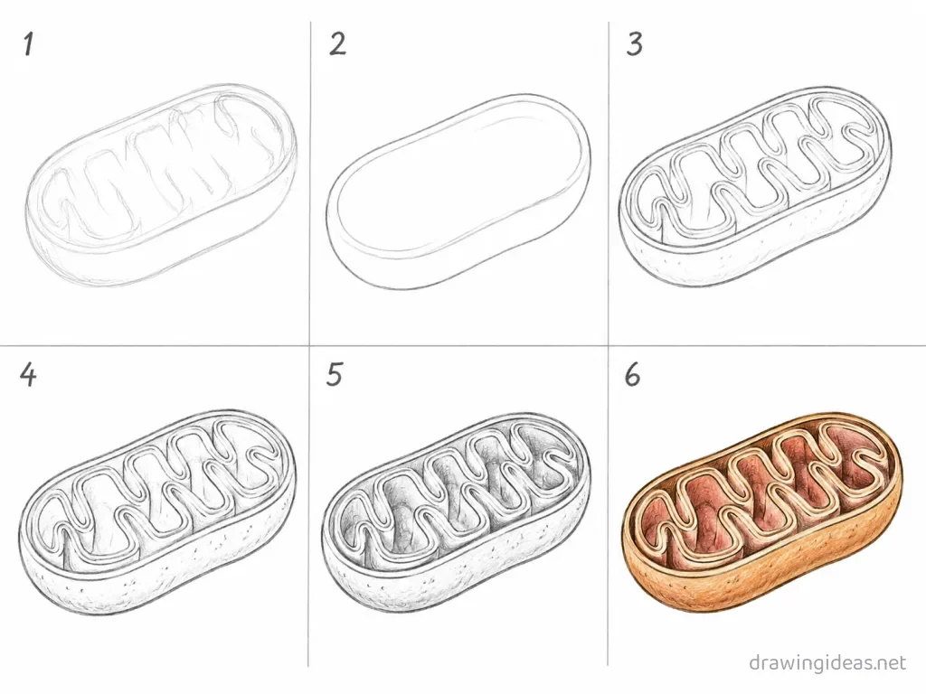 How to draw a mitochondria step by step — 6-step mitochondria drawing tutorial grid