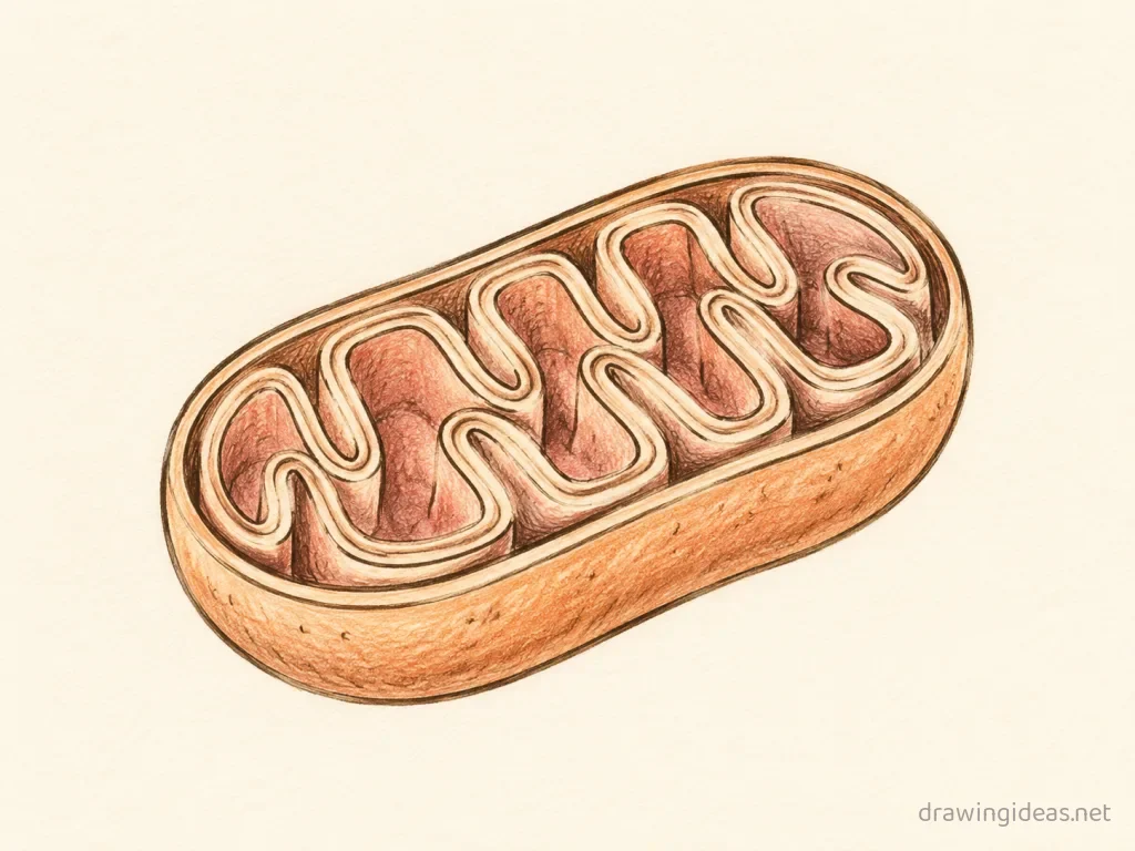 Mitochondria drawing — hand-drawn mitochondria illustration with ink lines and soft colors