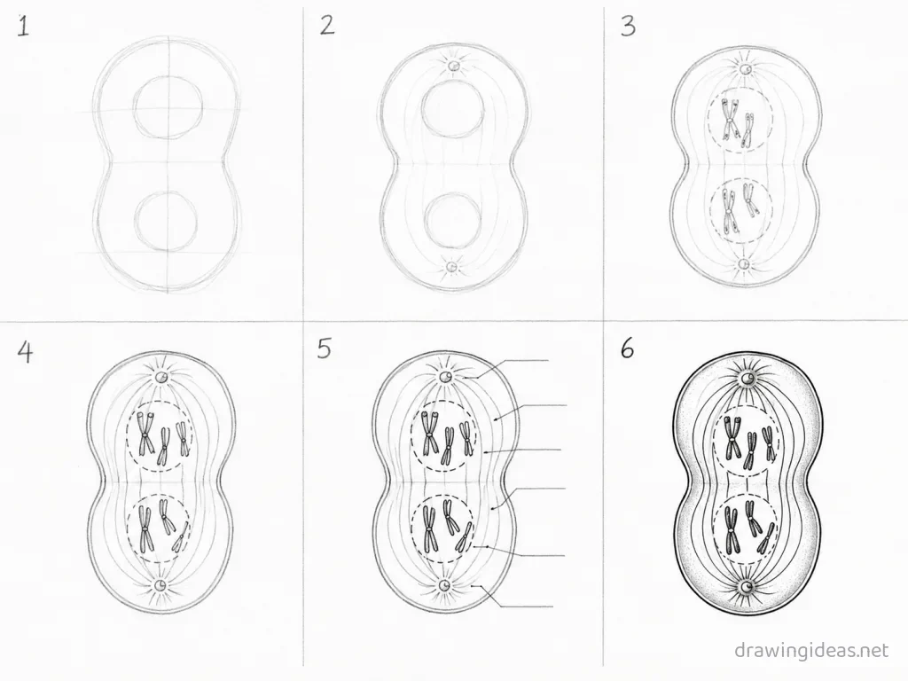 How to draw mitosis step by step — 6-step mitosis drawing tutorial grid