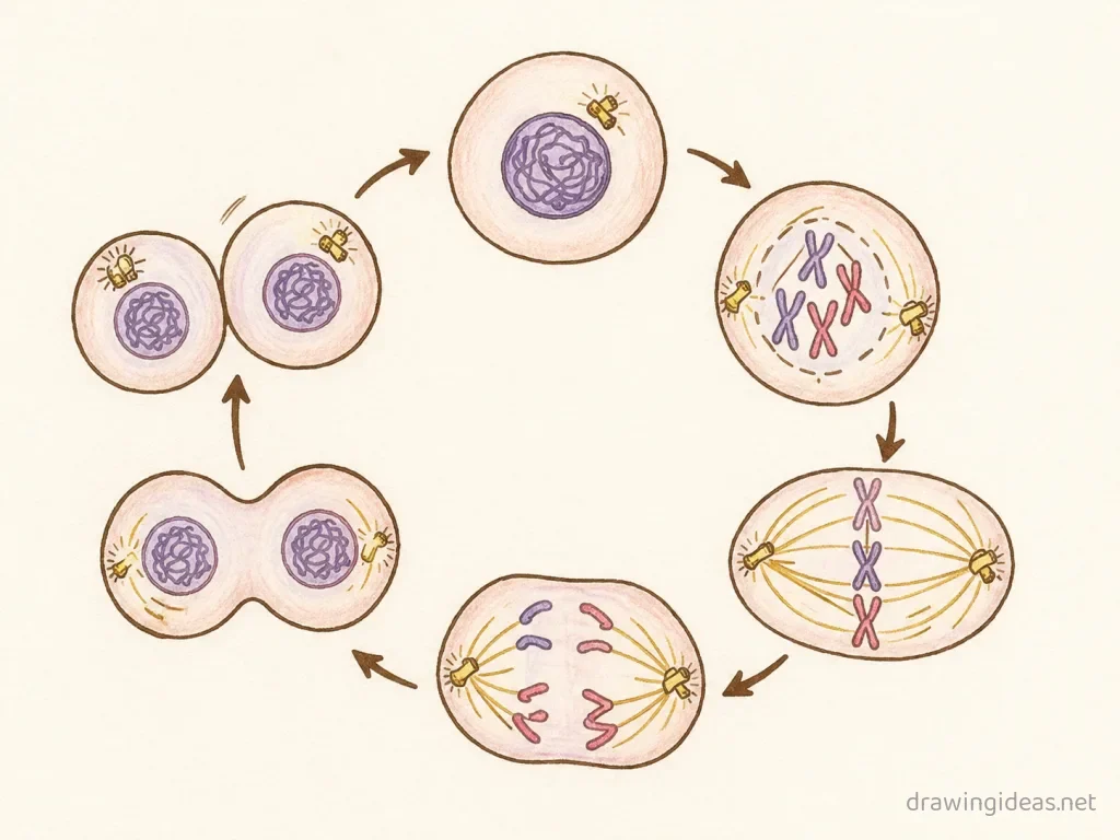 Mitosis drawing — hand-drawn mitosis illustration with ink lines and soft colors
