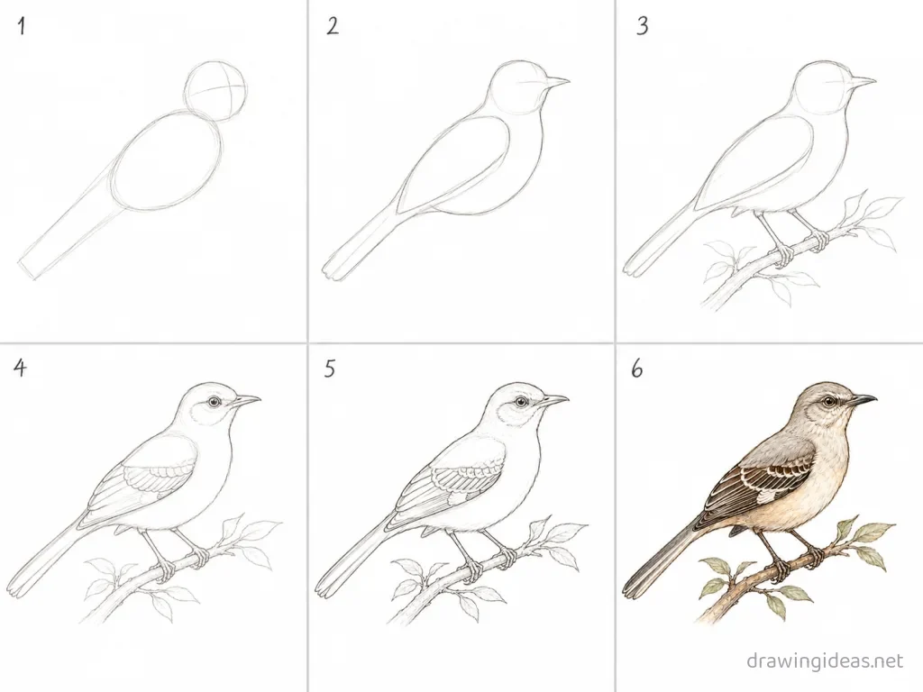 How to draw a mockingbird step by step — 6-step mockingbird drawing tutorial grid