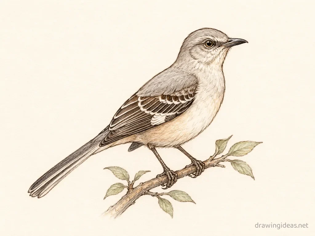 Mockingbird drawing — hand-drawn mockingbird illustration with ink lines and soft colors