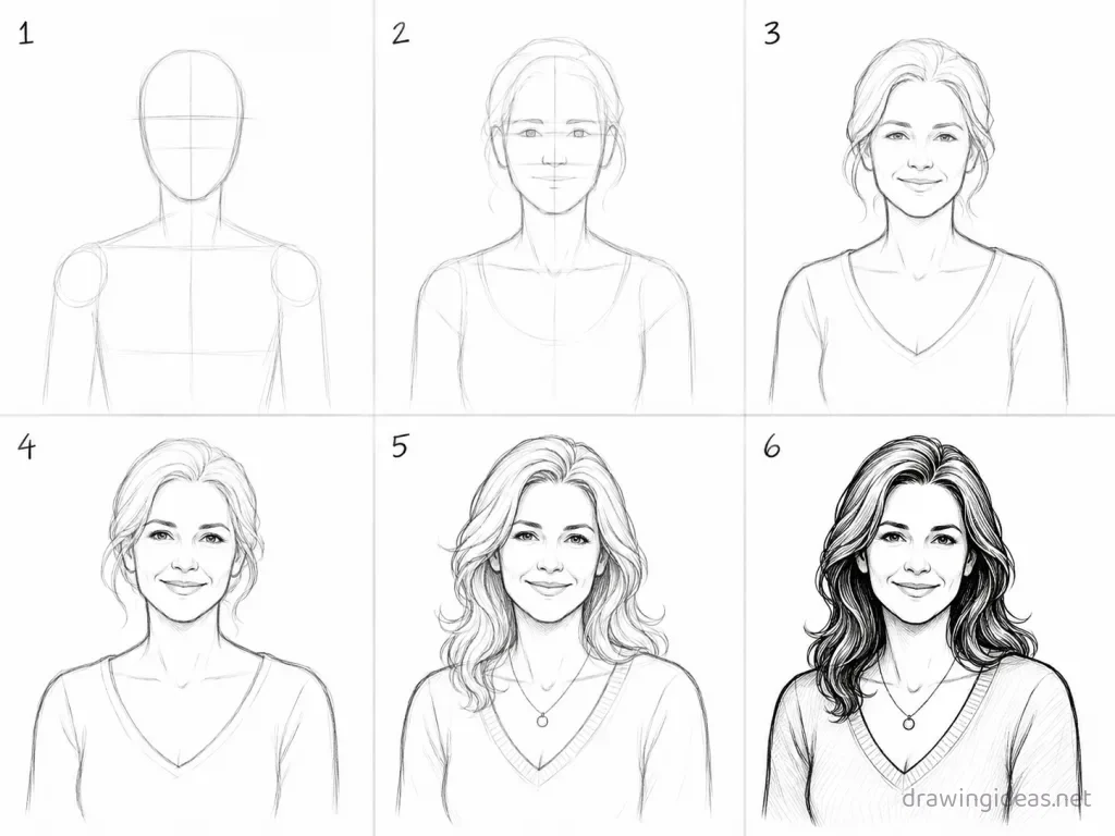 How to draw a mom step by step — 6-step mom drawing tutorial grid
