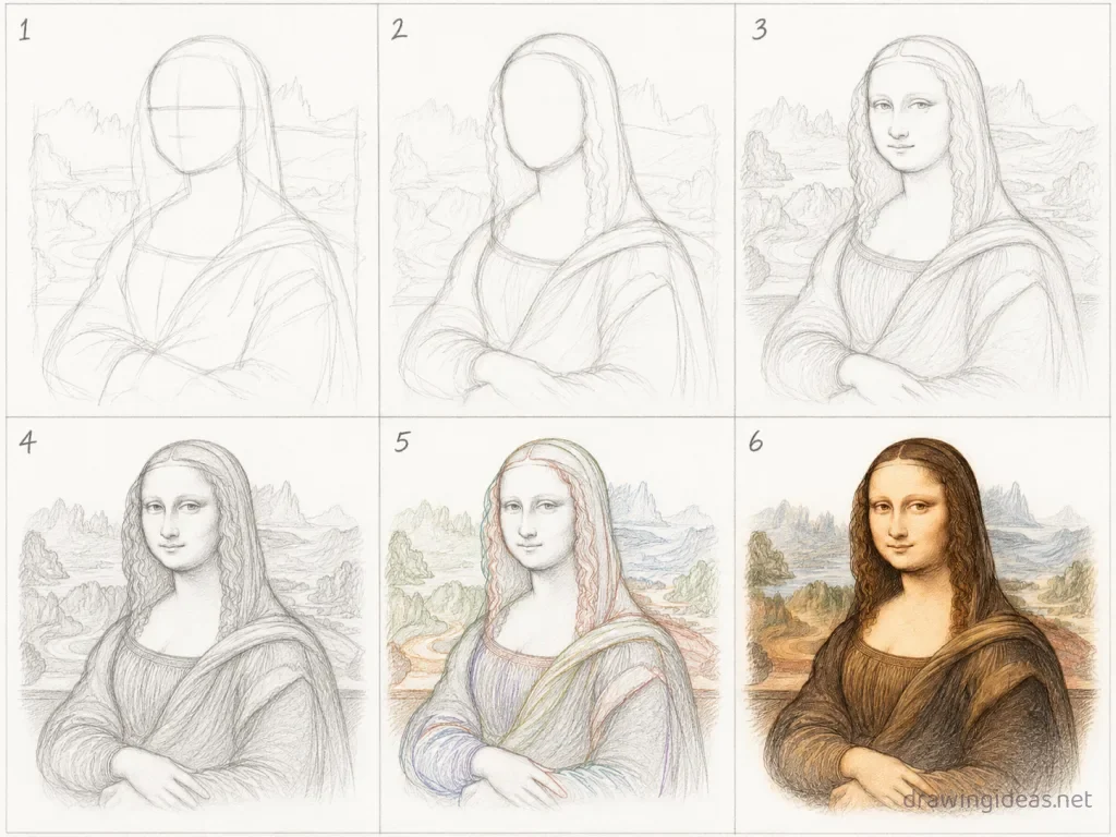 How to draw the Mona Lisa step by step — 6-step Mona Lisa drawing tutorial grid