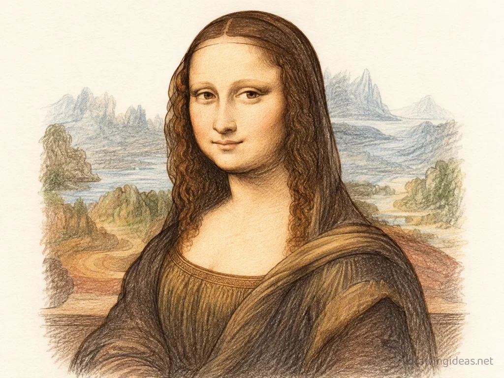 Mona Lisa drawing — hand-drawn Mona Lisa illustration with ink lines and soft colors