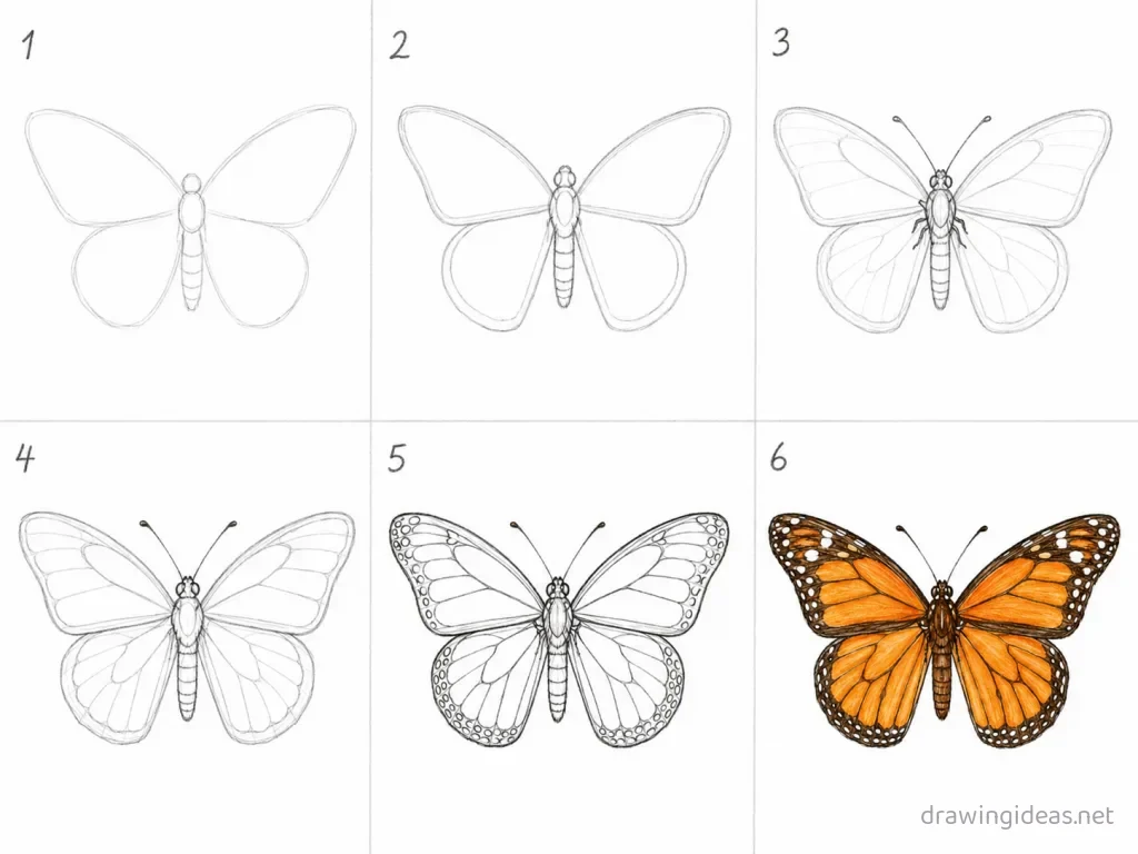 How to draw a monarch butterfly step by step — 6-step monarch butterfly drawing tutorial grid