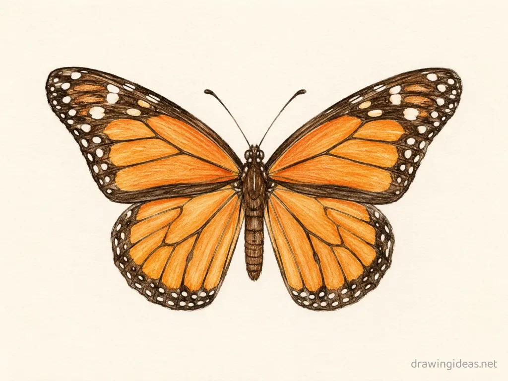Monarch Butterfly drawing — hand-drawn monarch butterfly illustration with ink lines and soft colors