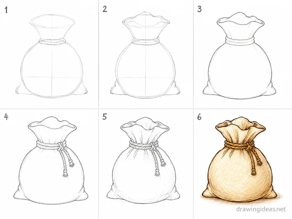 How to draw a money bag step by step — 6-step money bag drawing tutorial grid