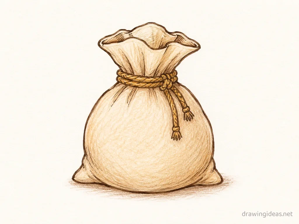 Money Bag drawing — hand-drawn money bag illustration with ink lines and soft colors
