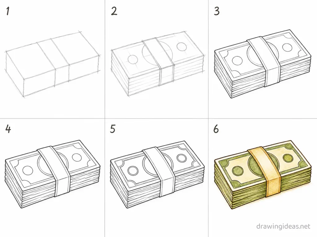 How to draw money step by step — 6-step money drawing tutorial grid