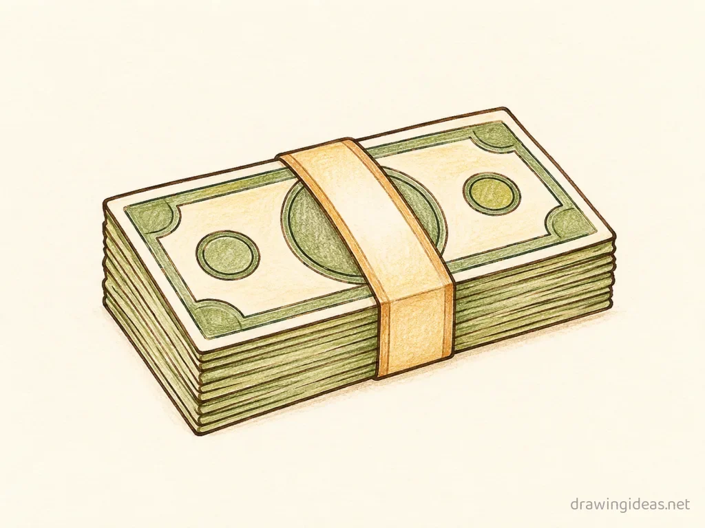Money drawing — hand-drawn money illustration with ink lines and soft colors