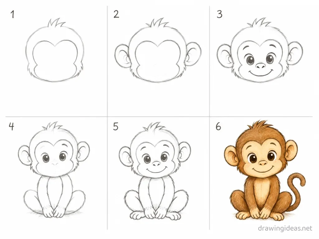 How to draw a monkey step by step — 6-step monkey drawing tutorial grid