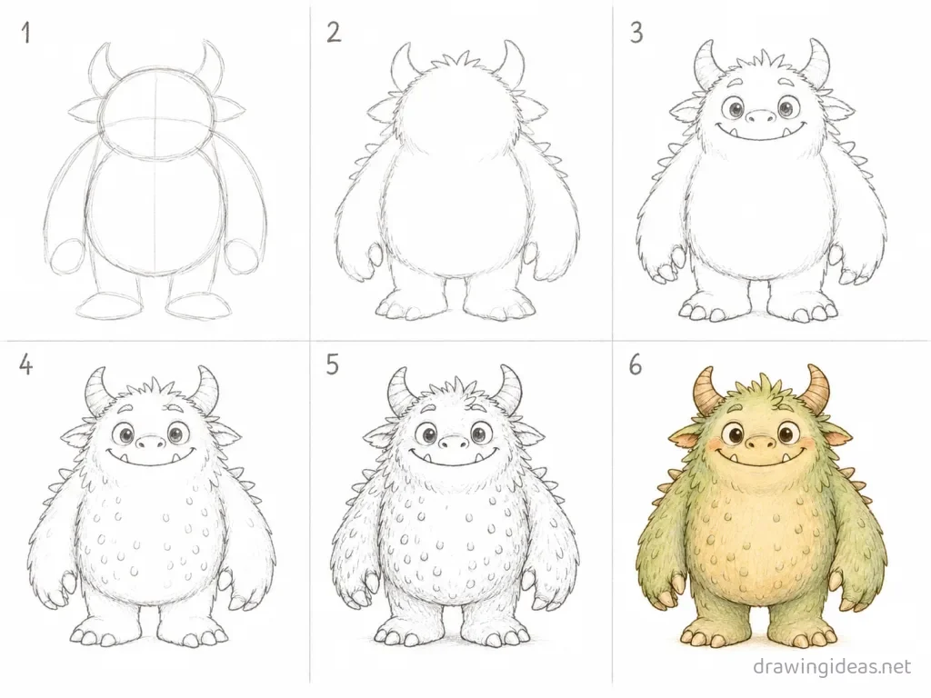 How to draw a monster step by step — 6-step monster drawing tutorial grid