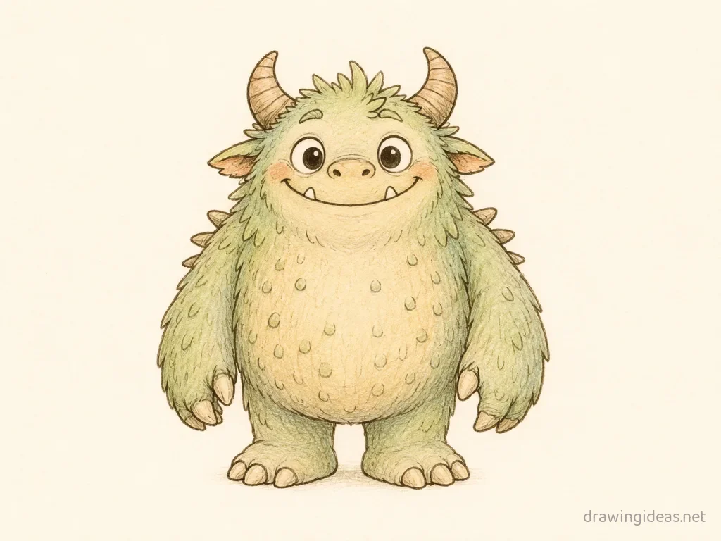 Monster drawing — hand-drawn monster illustration with ink lines and soft colors