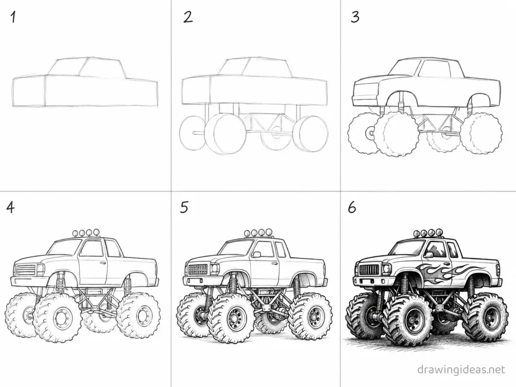 How to draw a monster truck step by step — 6-step monster truck drawing tutorial grid