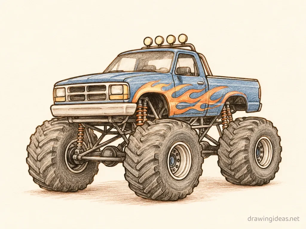 Monster Truck drawing ā hand-drawn monster truck illustration with ink lines and soft colors