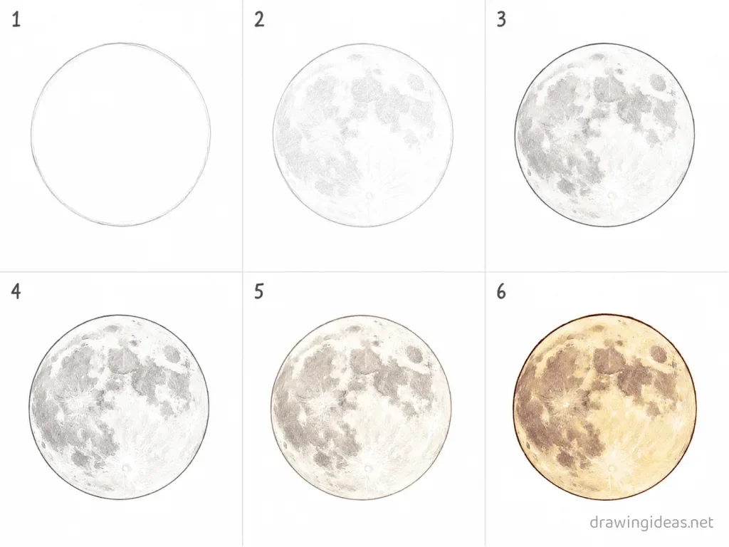 How to draw a moon step by step — 6-step moon drawing tutorial grid