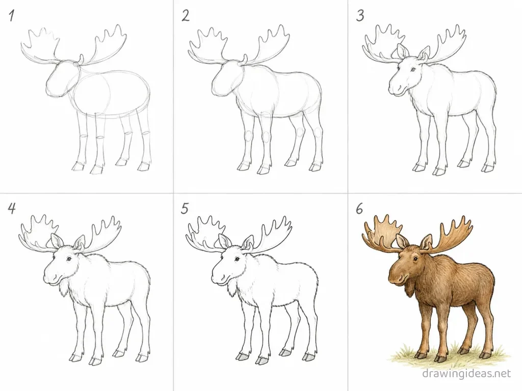 How to draw a moose step by step — 6-step moose drawing tutorial grid