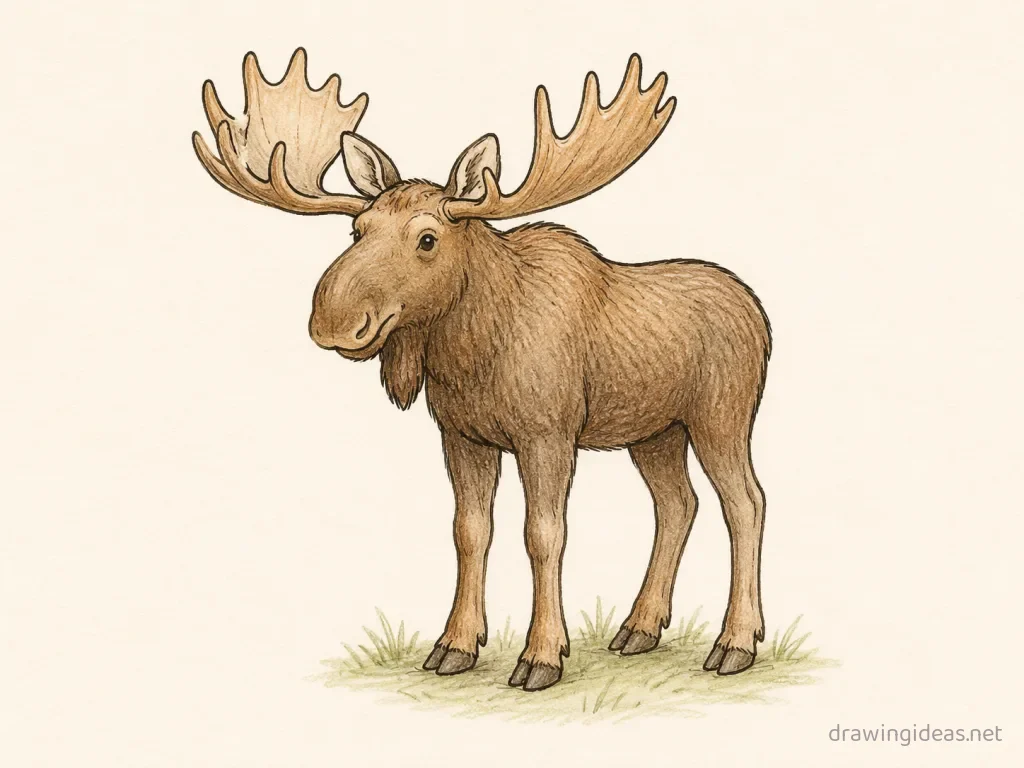 Moose drawing — hand-drawn moose illustration with ink lines and soft colors
