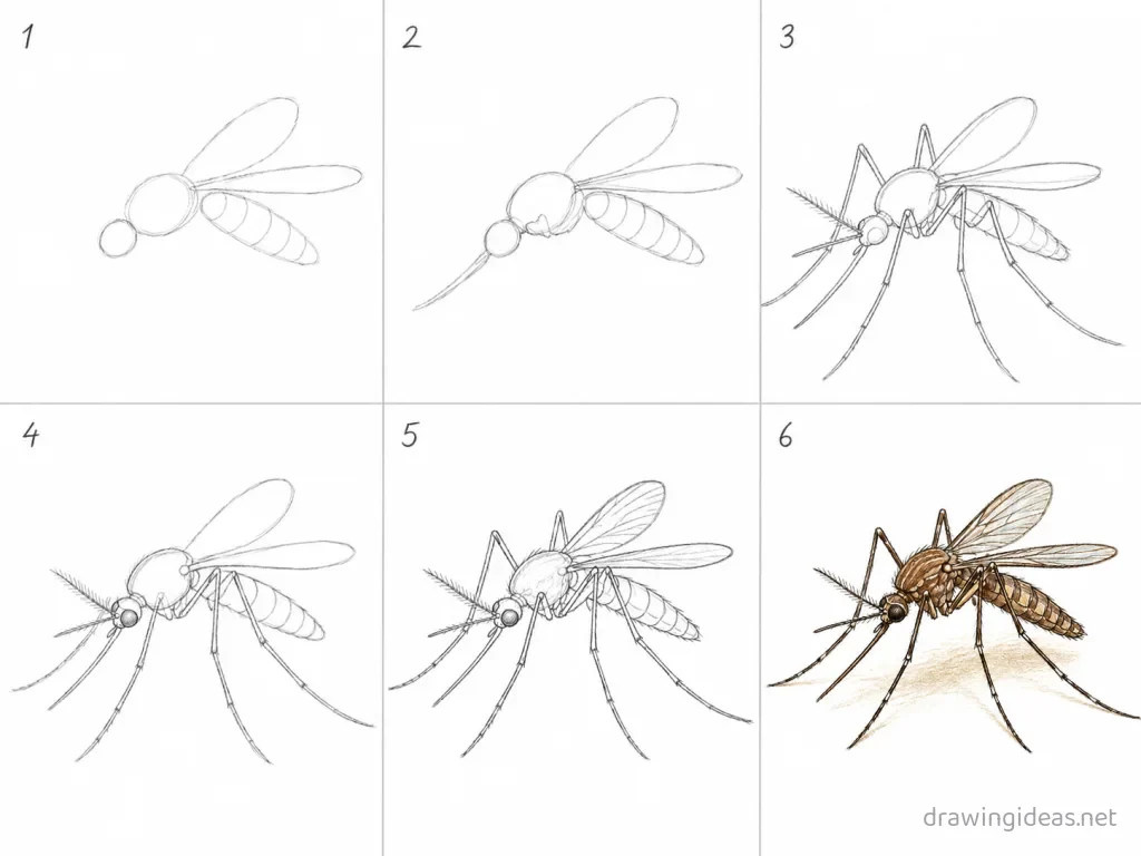 How to draw a mosquito step by step — 6-step mosquito drawing tutorial grid