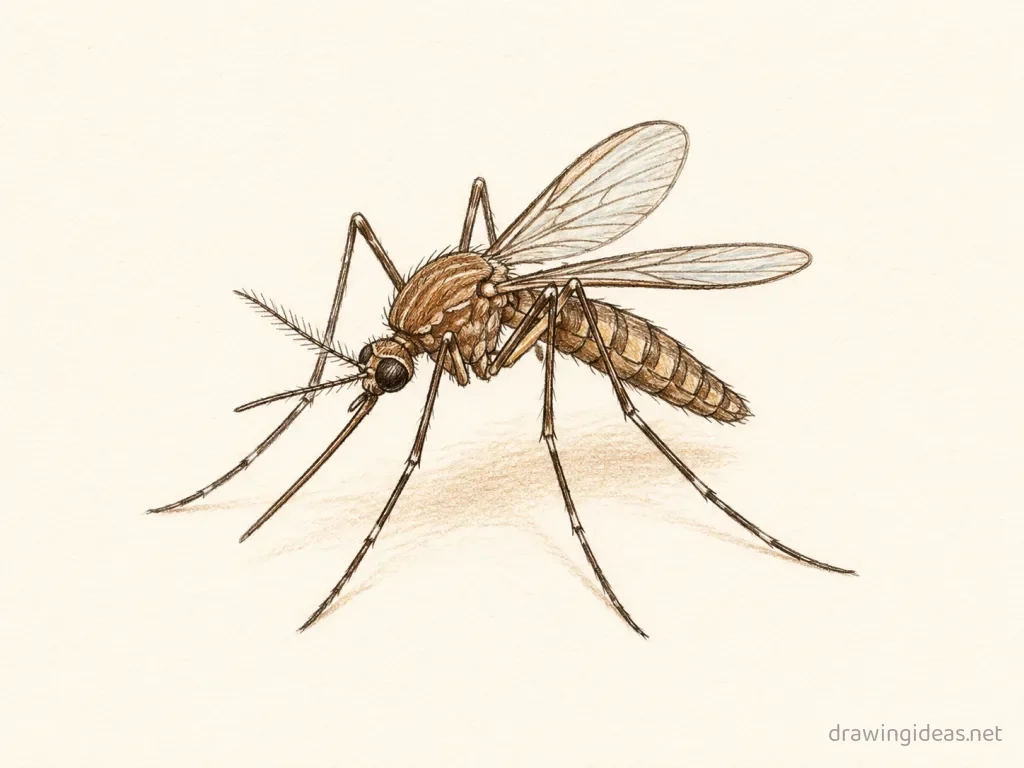 Mosquito drawing — hand-drawn mosquito illustration with ink lines and soft colors