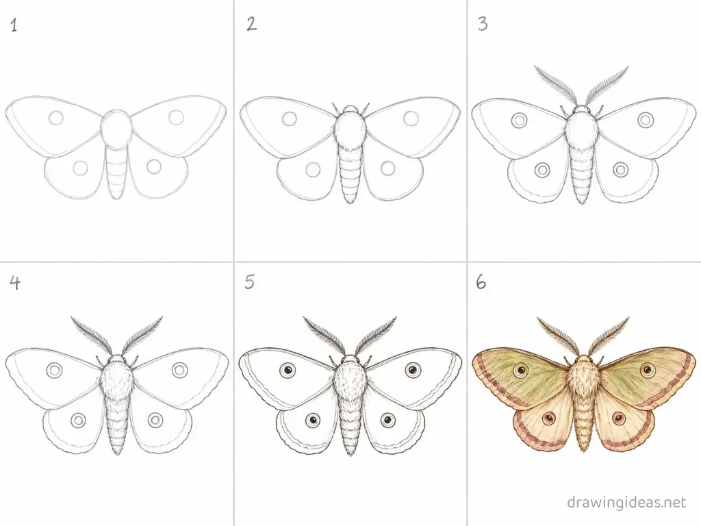 How to draw a moth step by step — 6-step moth drawing tutorial grid
