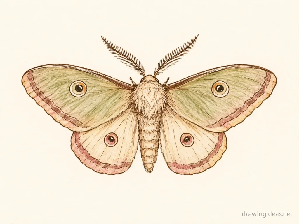 Moth drawing — hand-drawn moth illustration with ink lines and soft colors