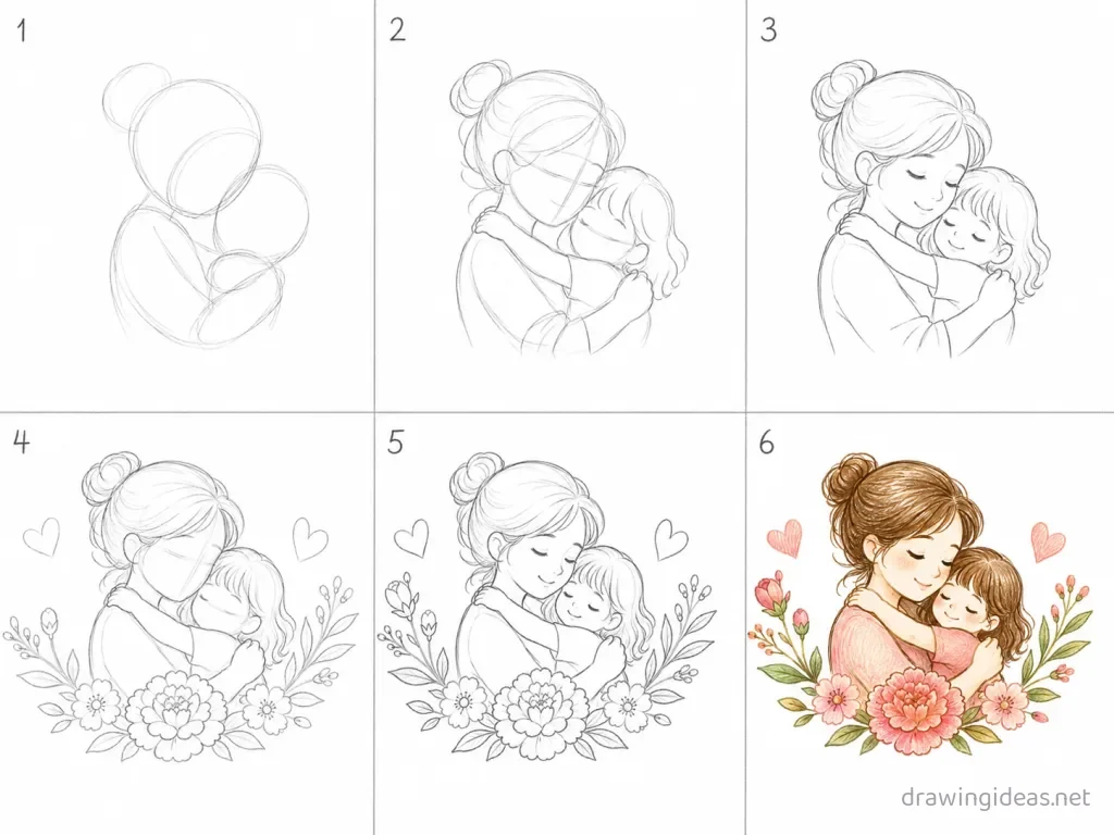 How to draw Mothers Day step by step — 6-step Mothers Day drawing tutorial grid