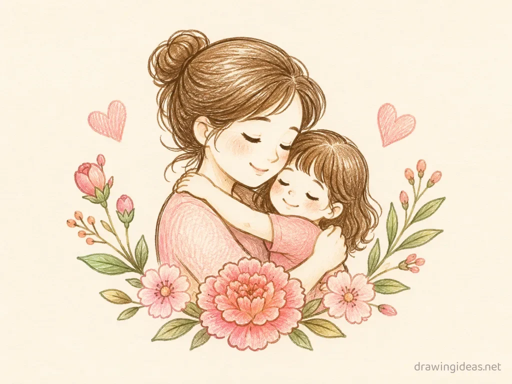 Mothers Day drawing — hand-drawn Mothers Day illustration with ink lines and soft colors