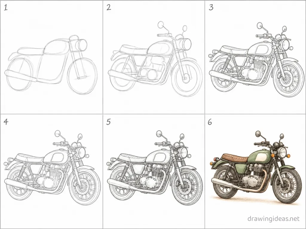 How to draw a motorcycle step by step — 6-step motorcycle drawing tutorial grid